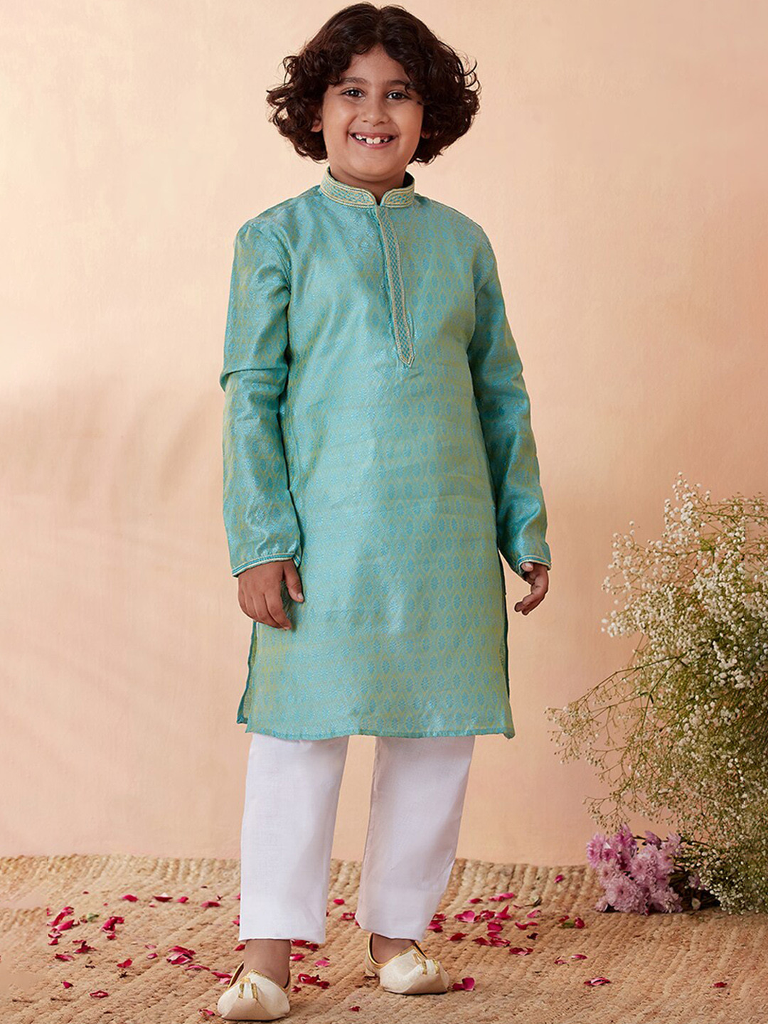 Campana Boys Mrinal Button Down Kurta Pyjama Set - Block Print - Lime & Turquoise