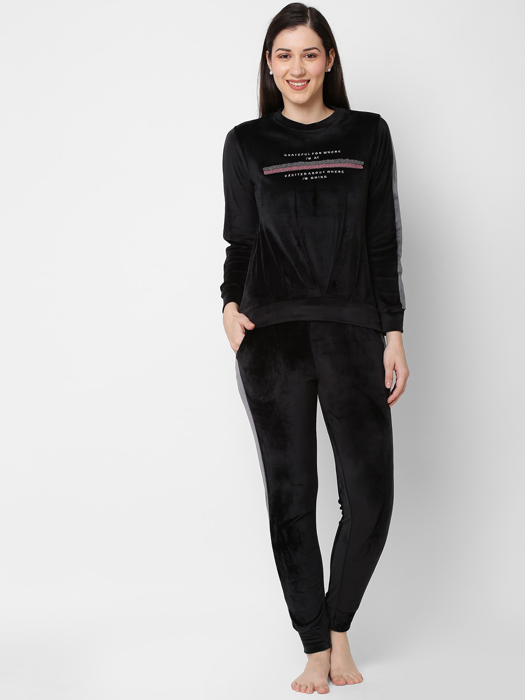 Buy Sweet Dreams Women Black & Pink Printed Velvet Night Suit Night