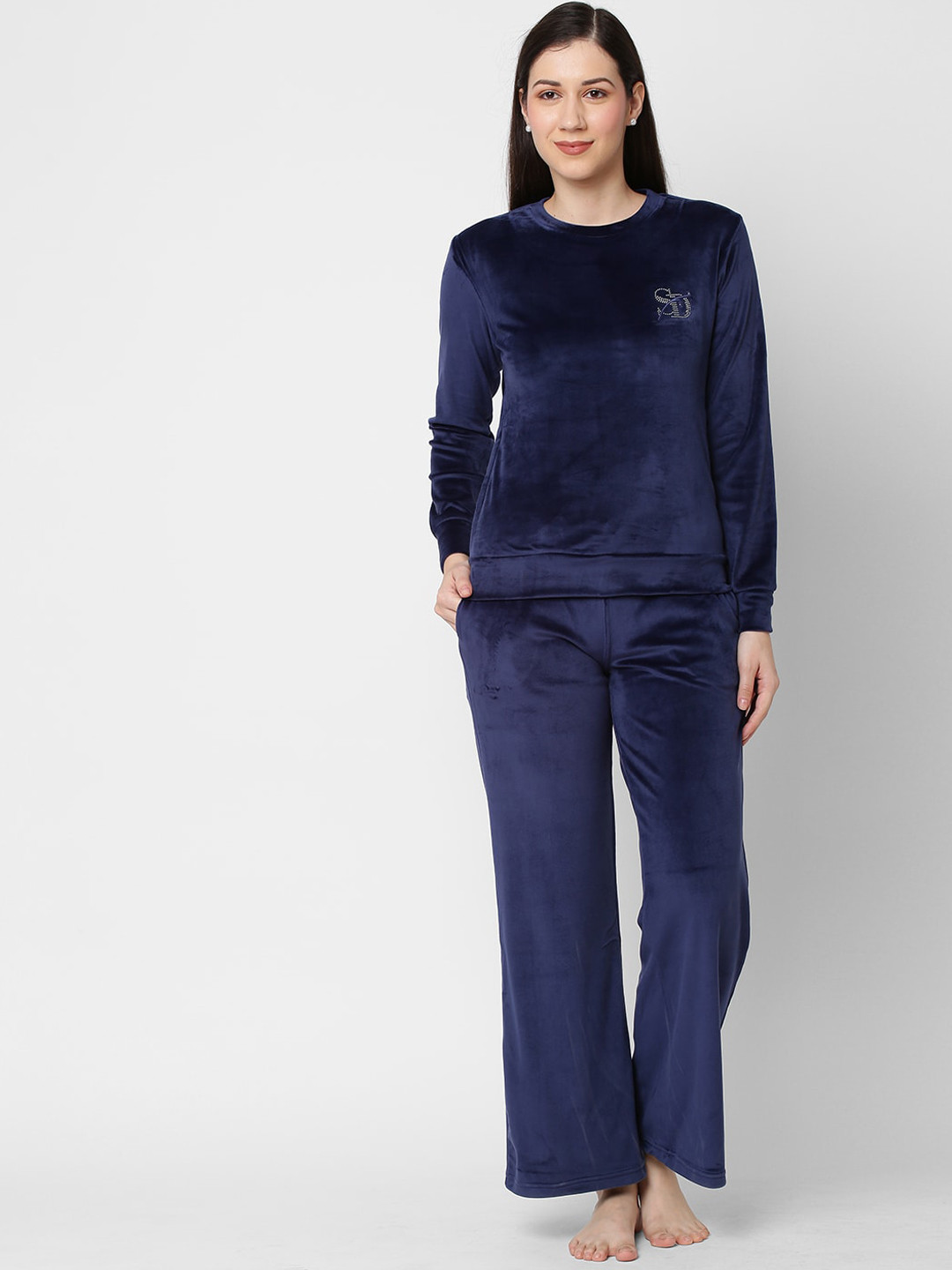 Buy Sweet Dreams Women Navy Blue Velvet Night Suit Night Suits for