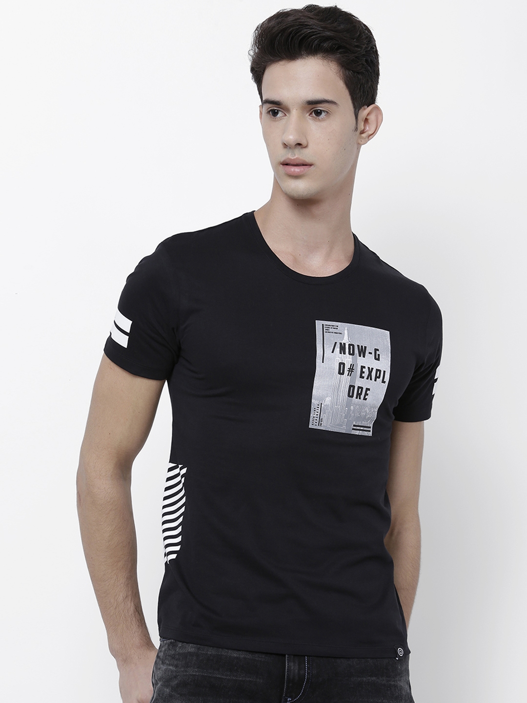 Buy LOCOMOTIVE Men Black Printed Round Neck Slim Fit T Shirt - Tshirts ...