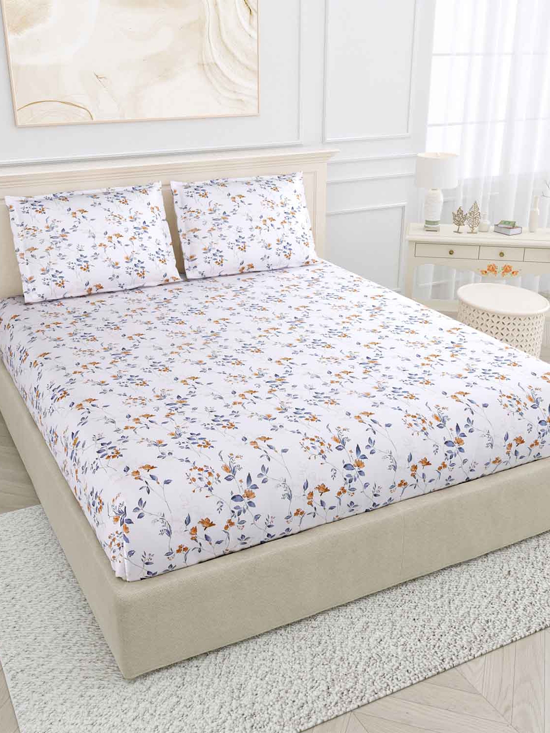 Buy Haus & Kinder Coffee Brown & White Floral 186 TC King Bedsheet With