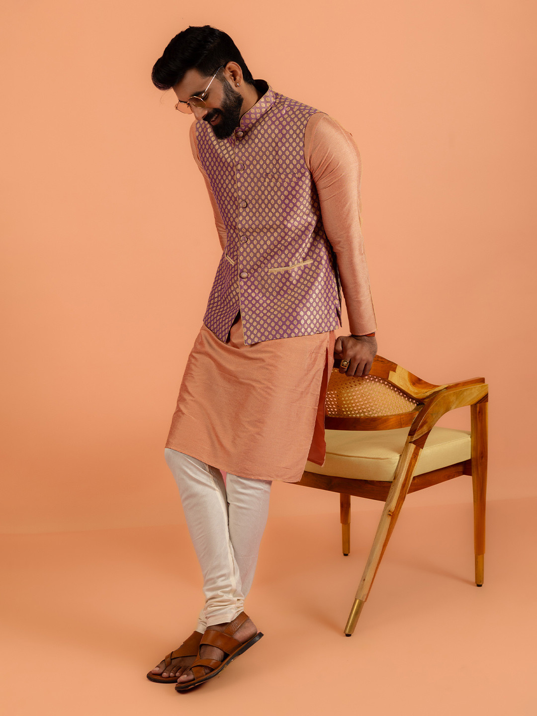 Men Self Design Kurta with Churidar & Jacket