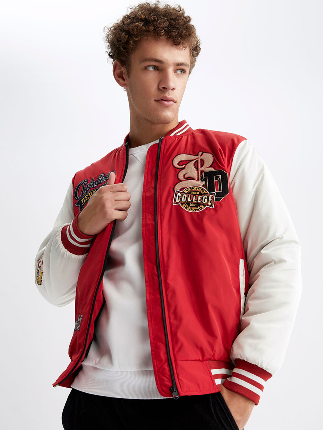 Buy DeFacto Men Red White Typography Varsity Jacket Jackets for Men