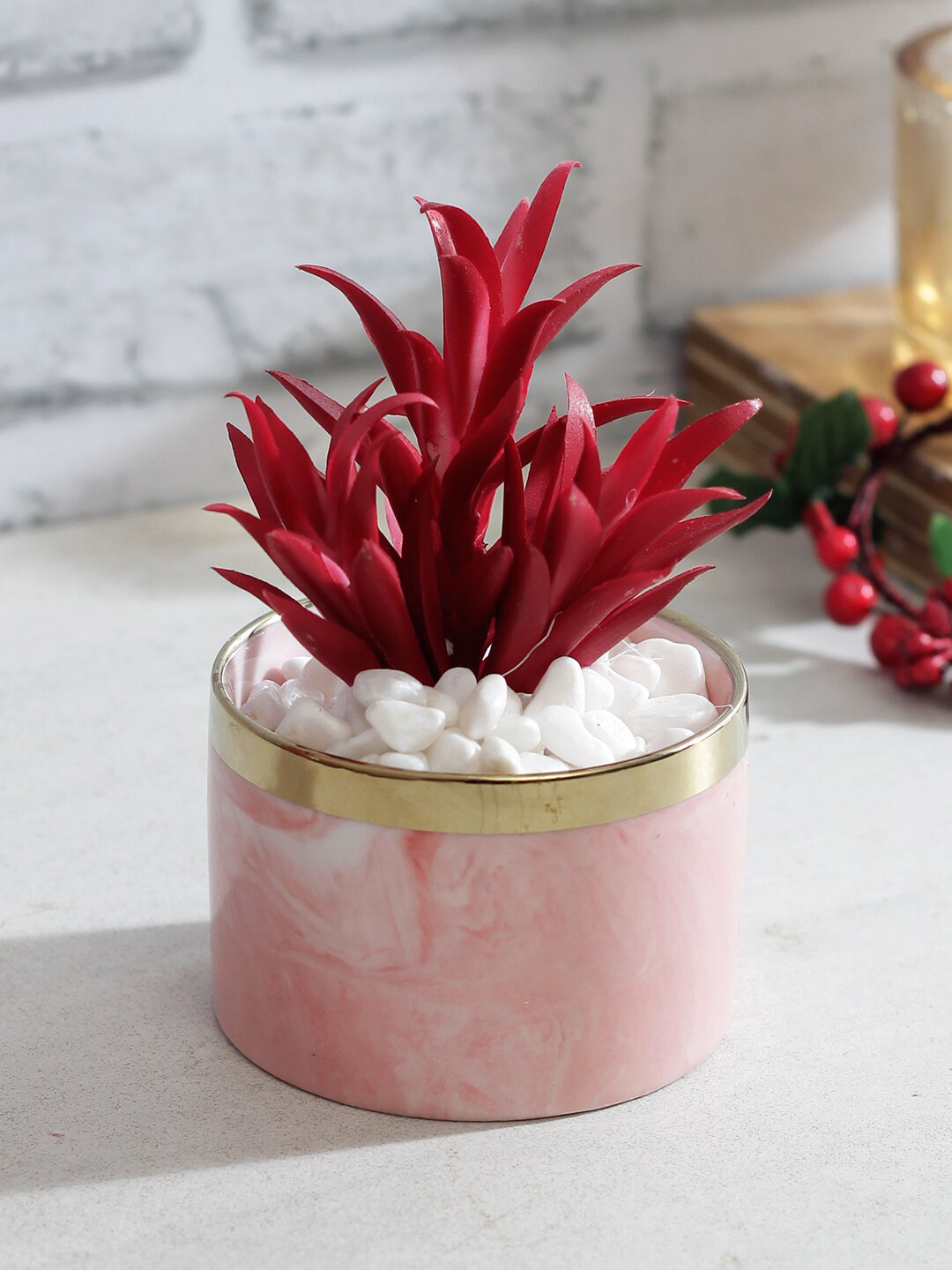 Buy TAYHAA Red Succulent Bonsai Artificial Flowers With Plastic Pot