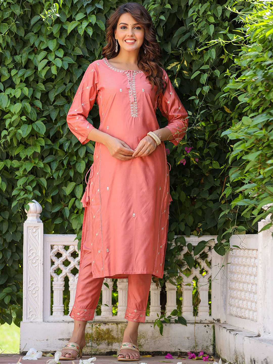 Women Rust High Slit Sequinned Kurta with Trousers main image 0