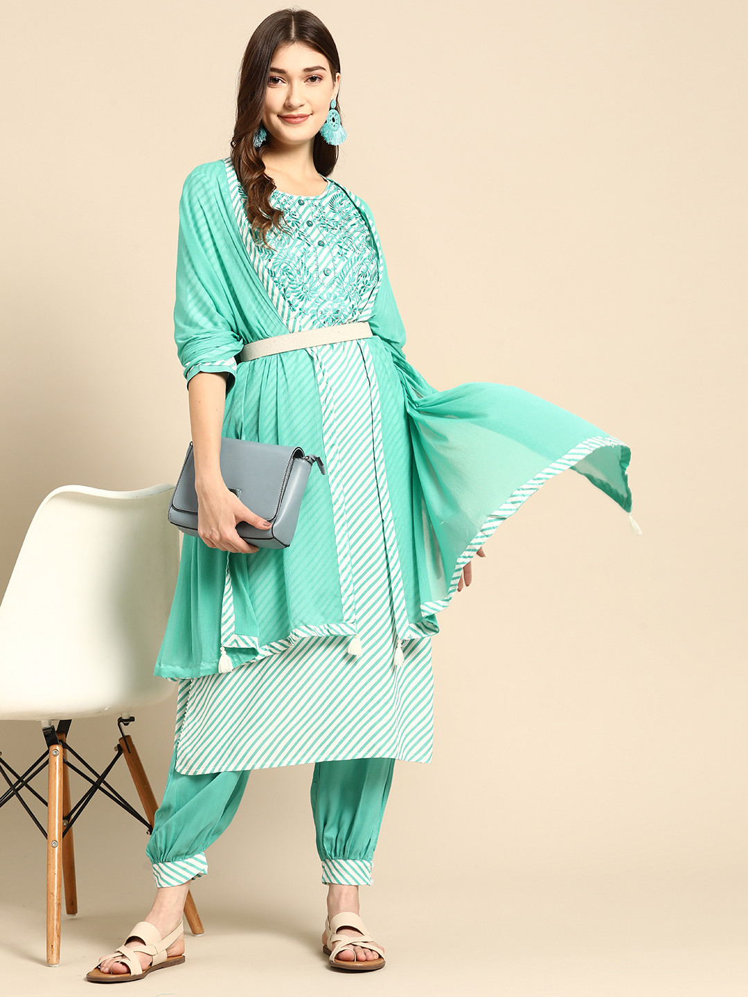 Yellow And White Leheriya Printed Boat Neck 3/4Th Sleeves Straight Kurta With Palazzos main image 0