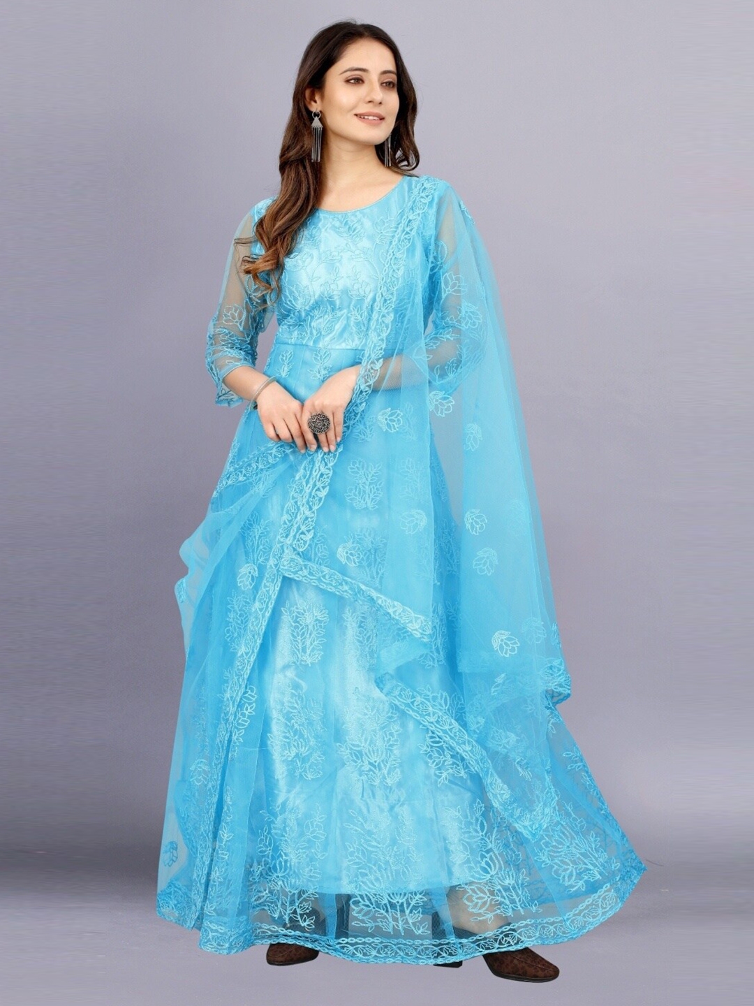 Buy Apnisha Women Blue Floral Embroidered Net Ethnic Maxi Dress Ethnic Dresses For Women 3088