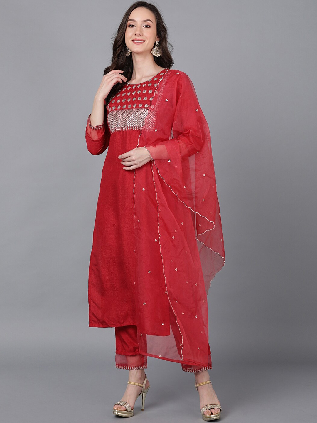 Buy AHIKA Women Red Floral Yoke Design Sequinned Kurta With Trousers ...