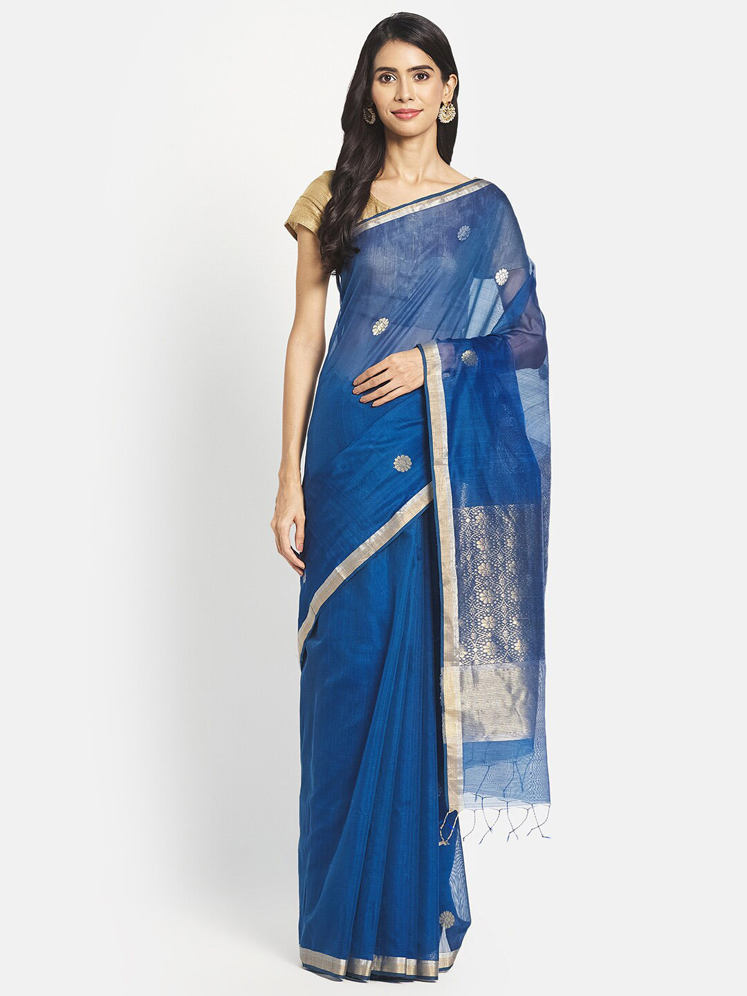 Buy Fabindia Blue & Gold Toned Woven Design Zari Silk Cotton Chanderi