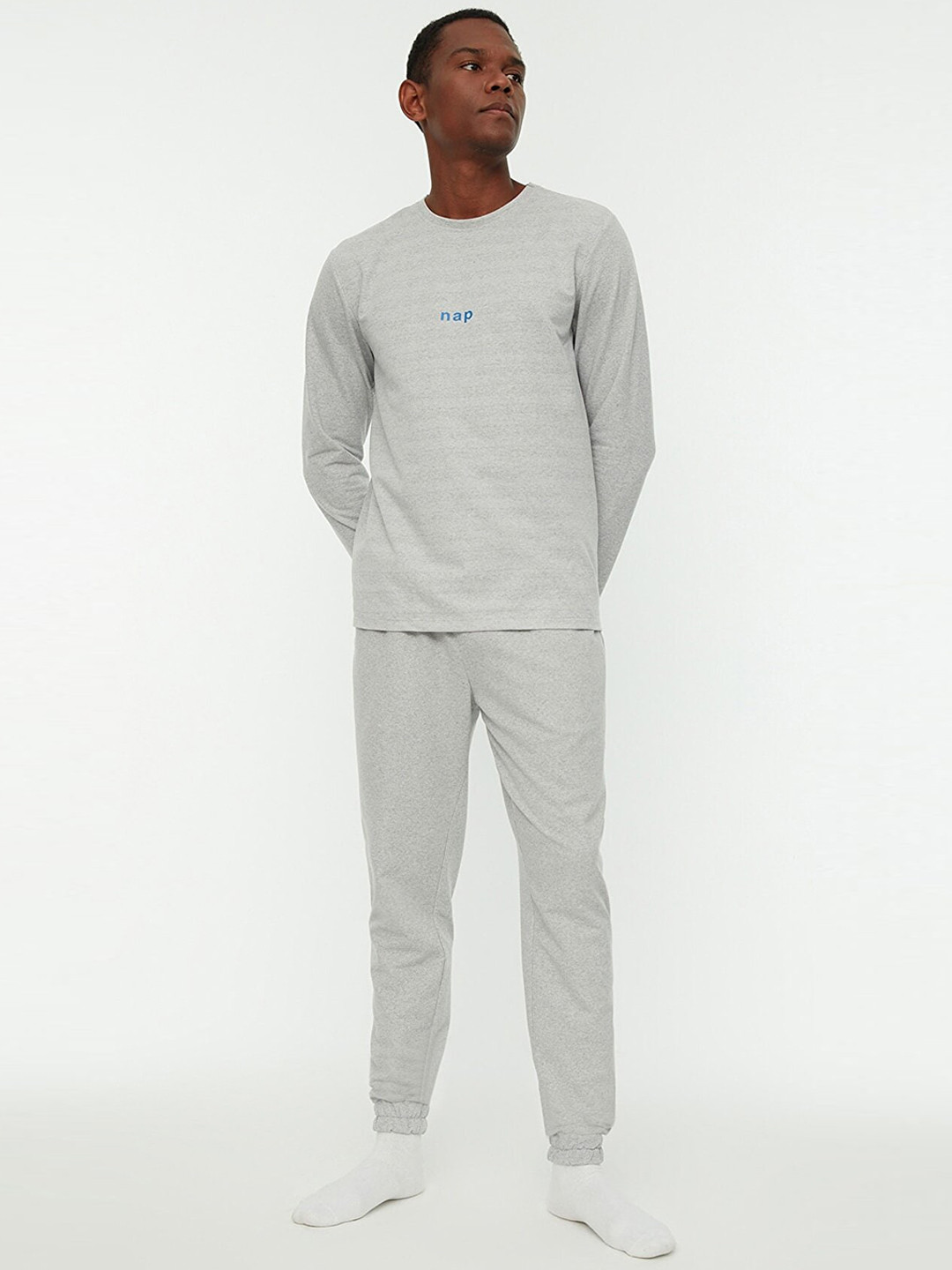 Men'S Steel-Grey Cotton Solid Night Suits