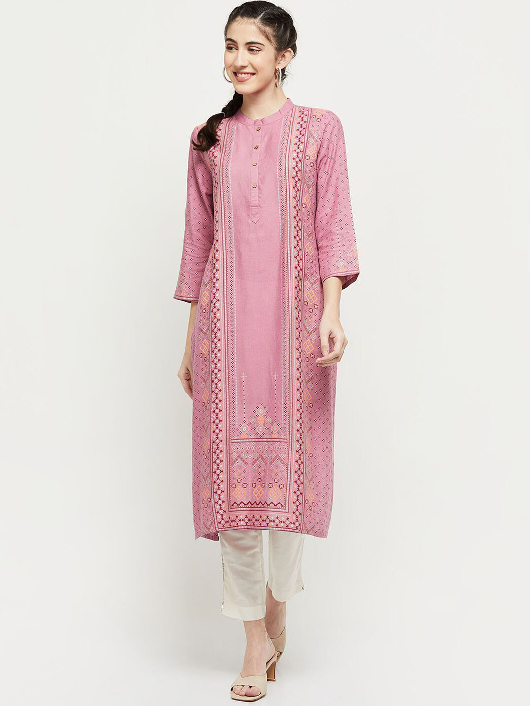 Pink Geometric Printed Straight Shirt Kurta and Pants Set
