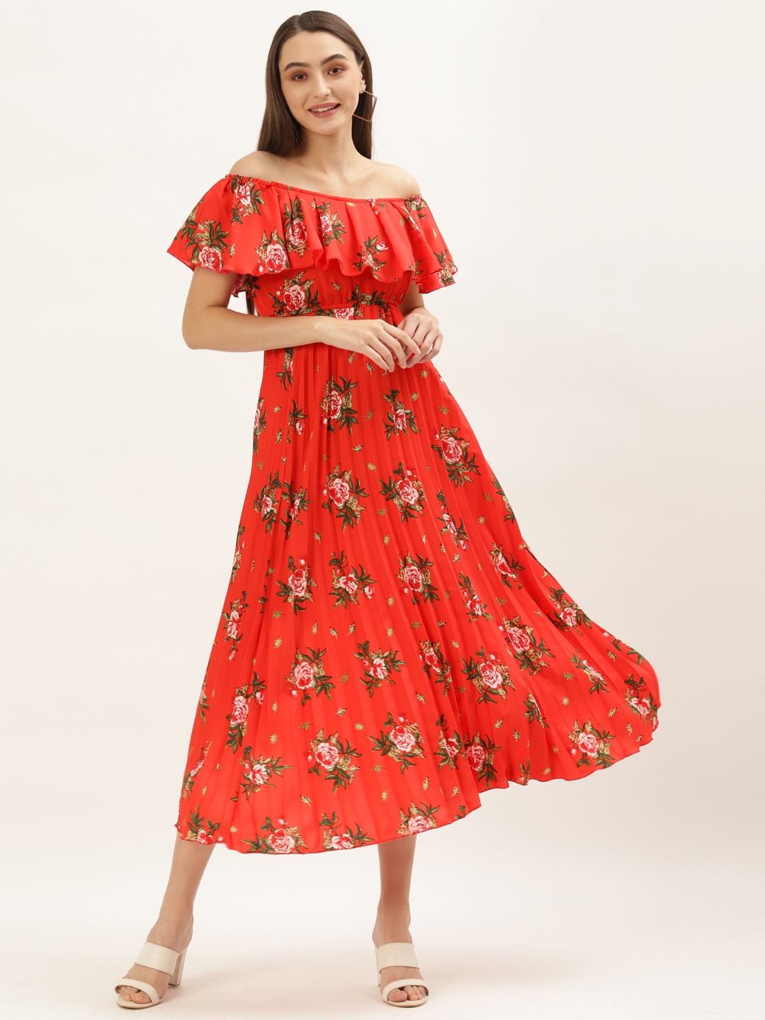 Buy U&F Red Floral Off Shoulder Crepe Midi Dress - Dresses for Women ...
