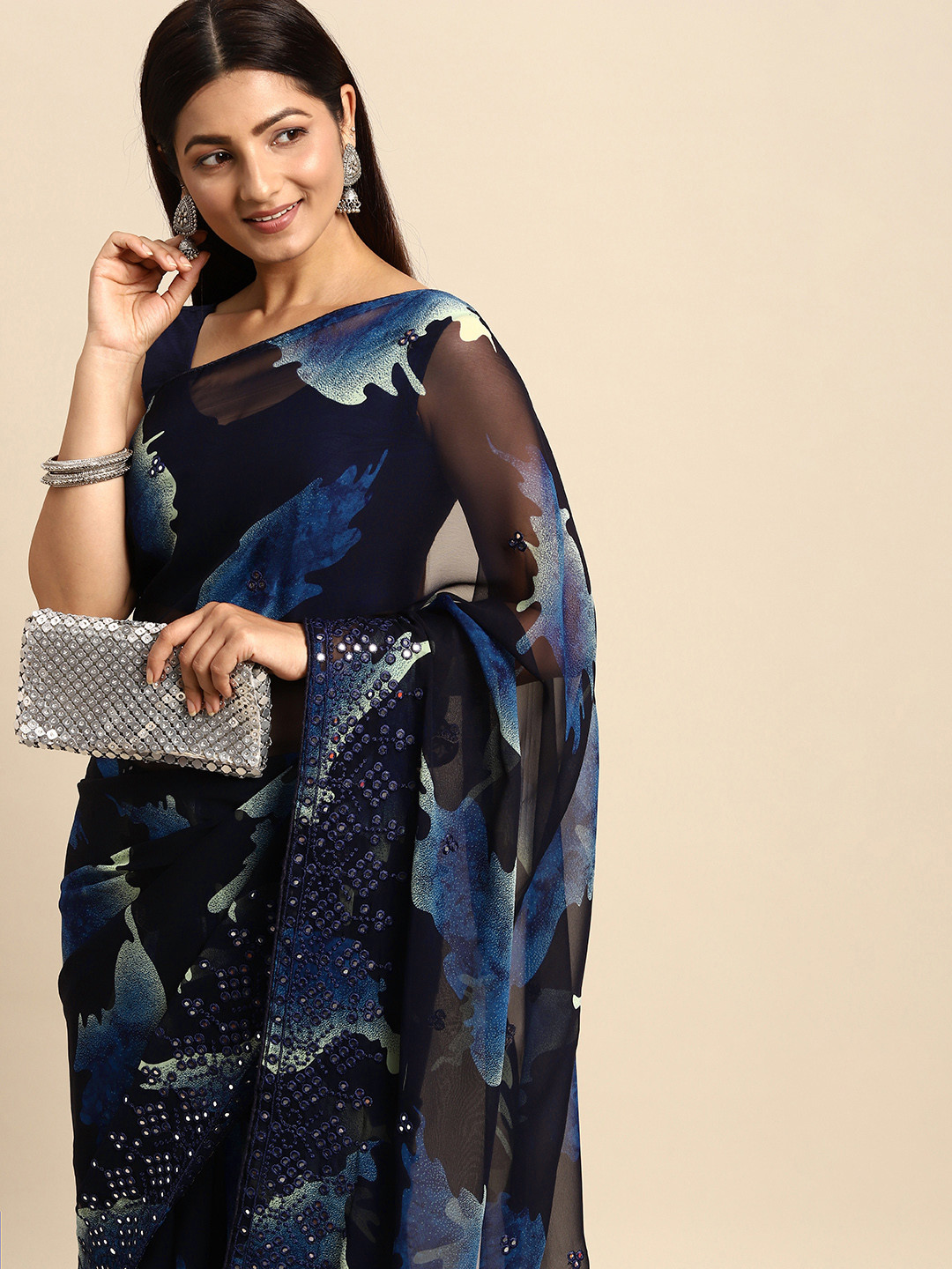 Buy Anouk Navy Blue Mirror Work Pure Saree Sarees for Women