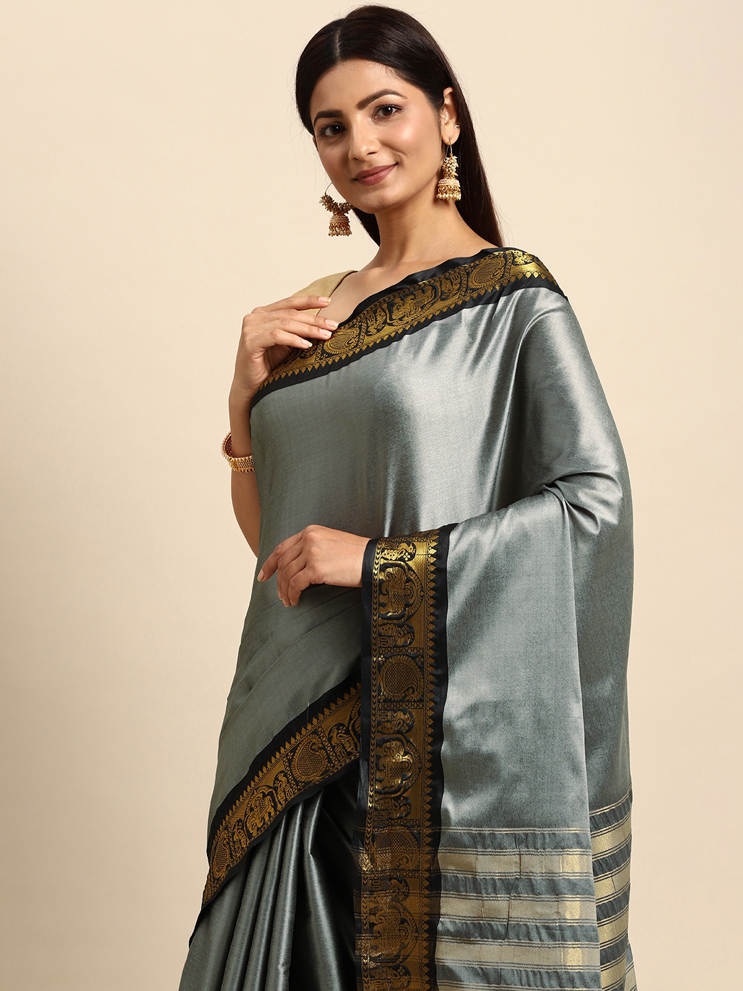 Buy Anouk Grey & Black Zari Silk Blend Banarasi Saree - Sarees for