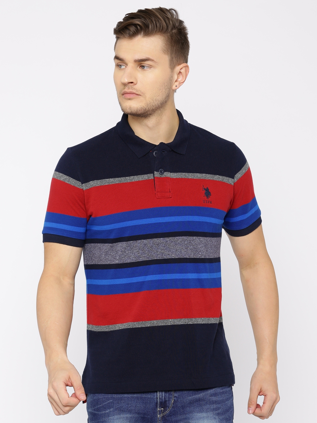 navy blue striped polo