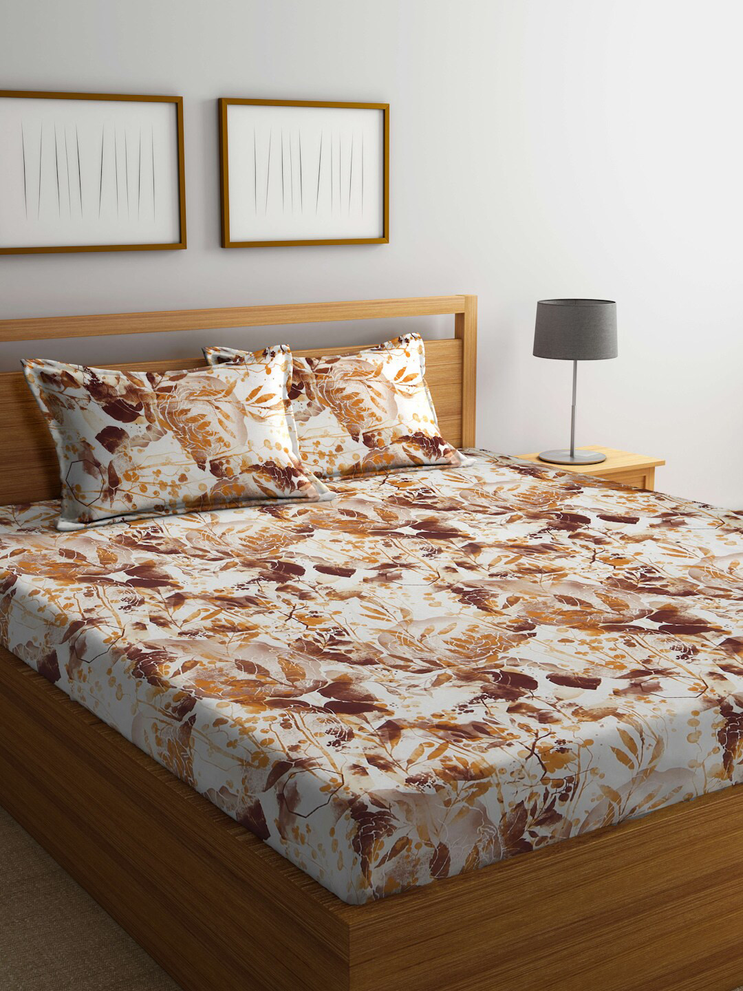 Buy BOMBAY DYEING Brown & White 144 TC Queen Bedsheet With 2 Pillow