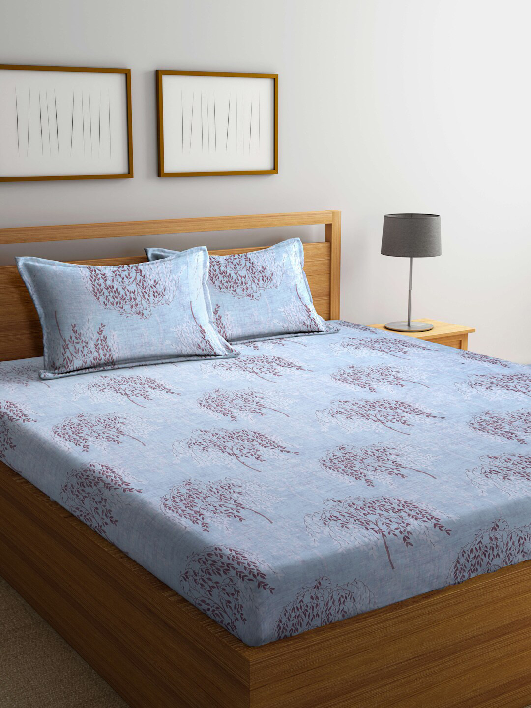 Buy BOMBAY DYEING Blue & Burgundy Floral 210 TC King Bedsheet With 2