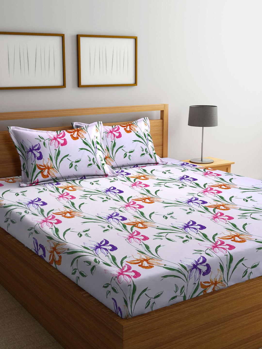 Buy BOMBAY DYEING White & Purple Floral Cotton 160 TC King Bedsheet