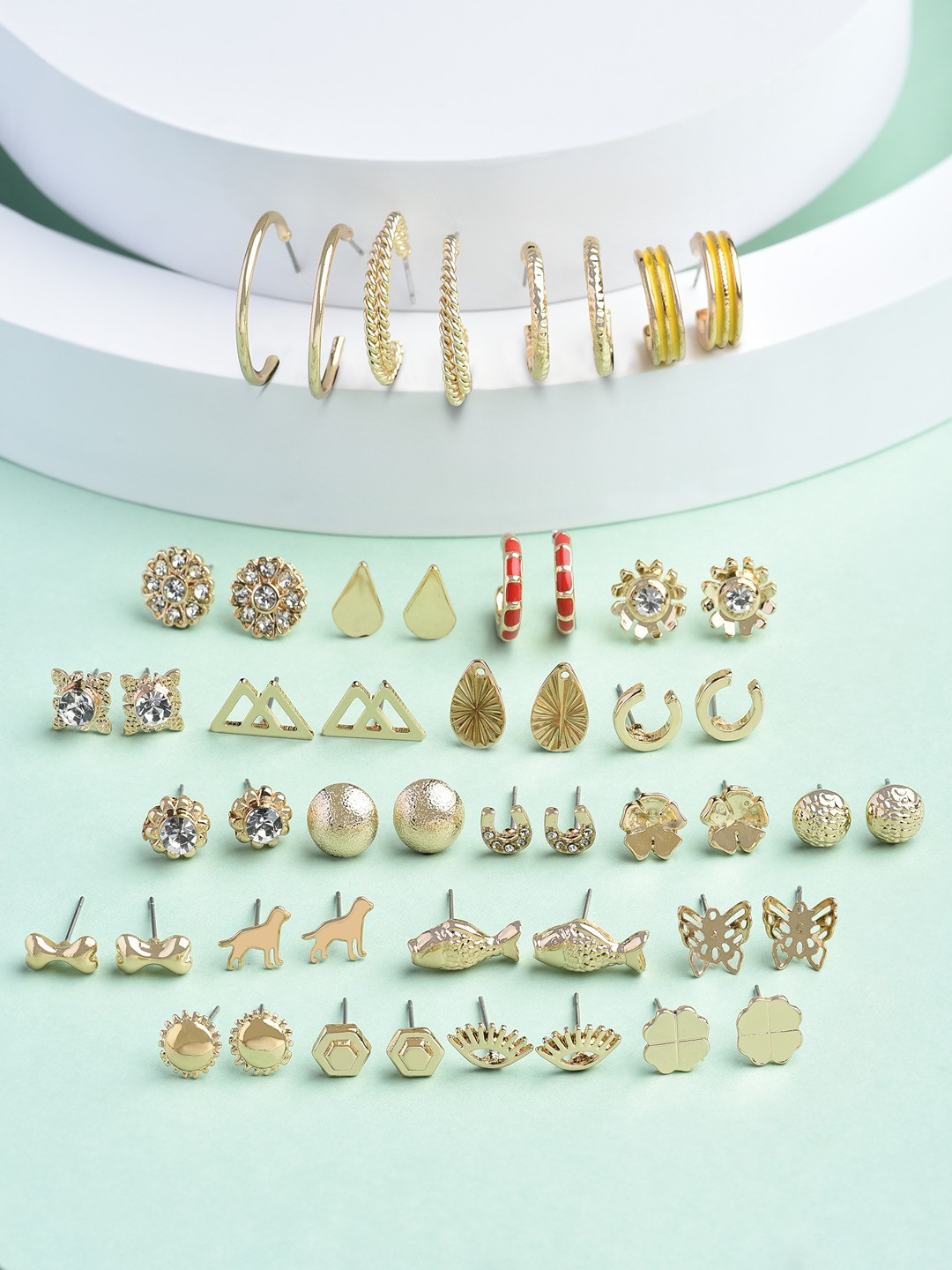 Buy Zaveri Pearls Set Of 25 Gold Toned & White Contemporary Studs & Hoop Earrings Earrings for