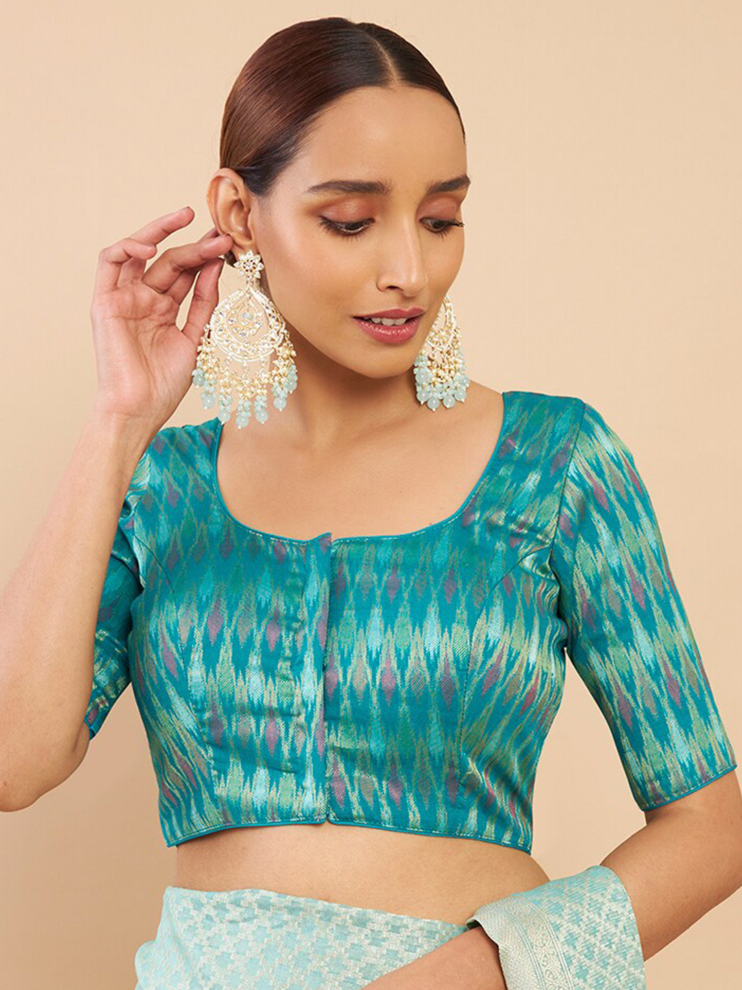 Buy Soch Women Teal & Gold Ikat Printed Cotton Saree Blouse Saree