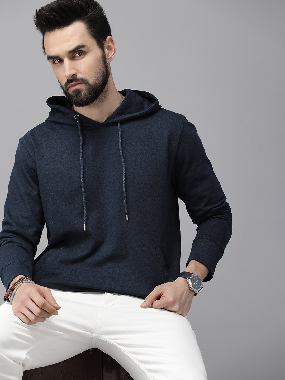 Men's Navy Blue Solid Hooded Sweatshirt