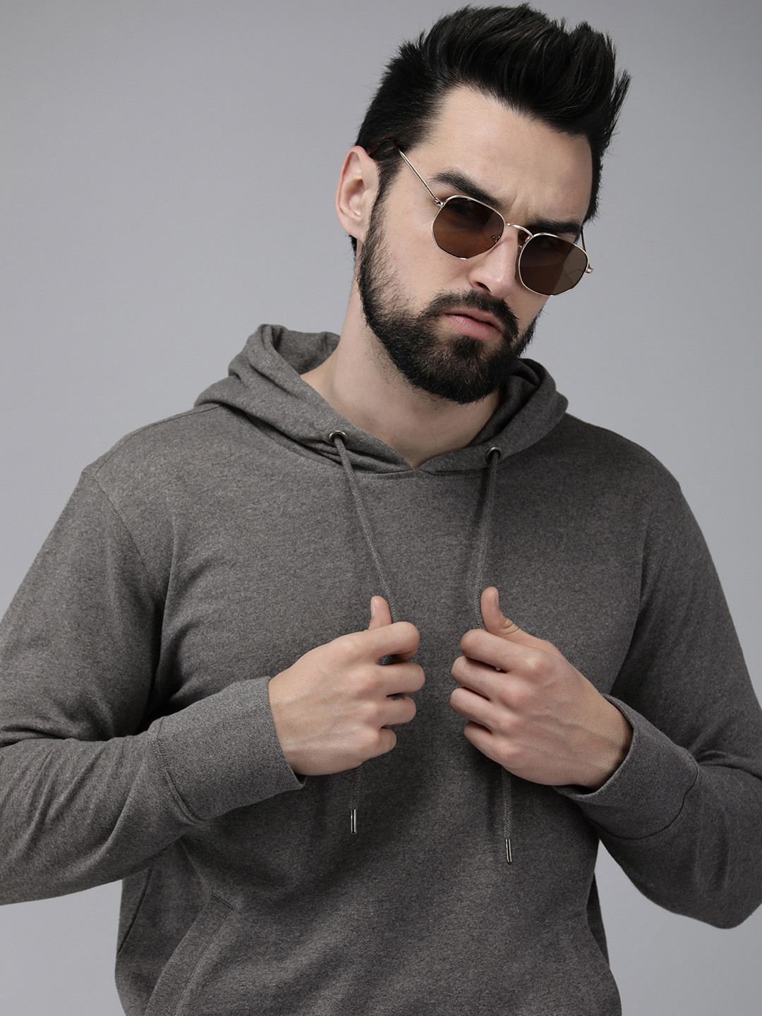 Buy Roadster Men Charcoal Grey Solid Hooded Sweatshirt Sweatshirts