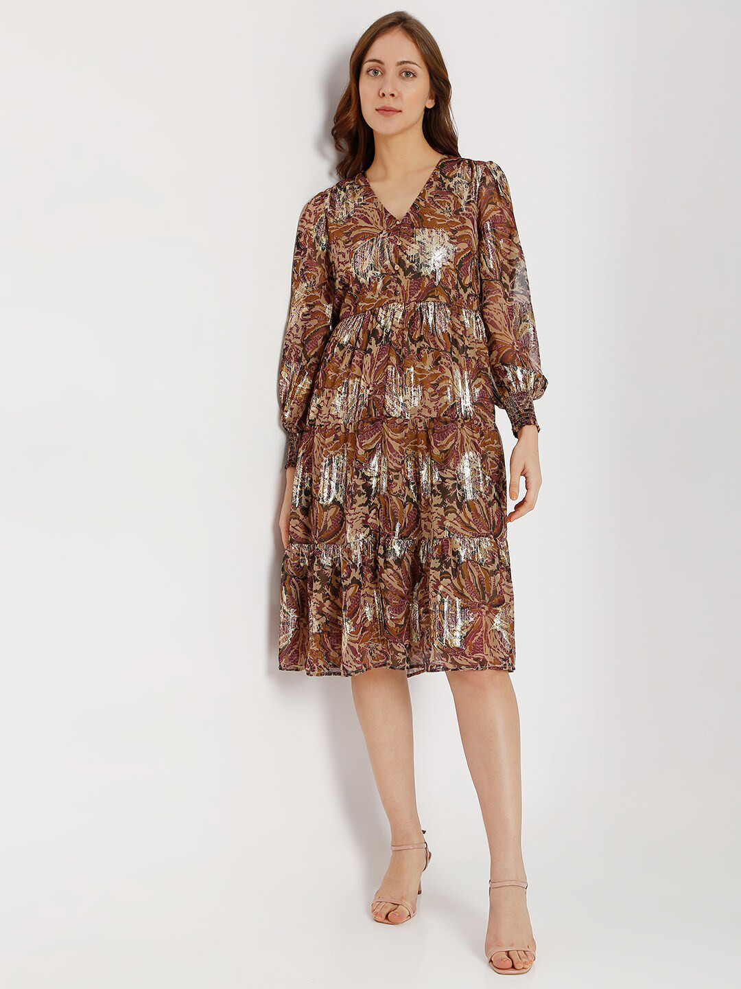 VALHALLA BROWN STRIPED WOVEN MIDI DRESS