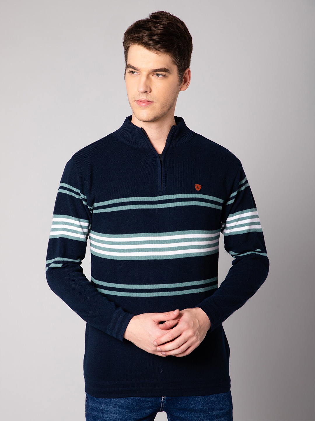 Buy Cantabil Men Navy Blue & Off White Striped Striped Pullover ...
