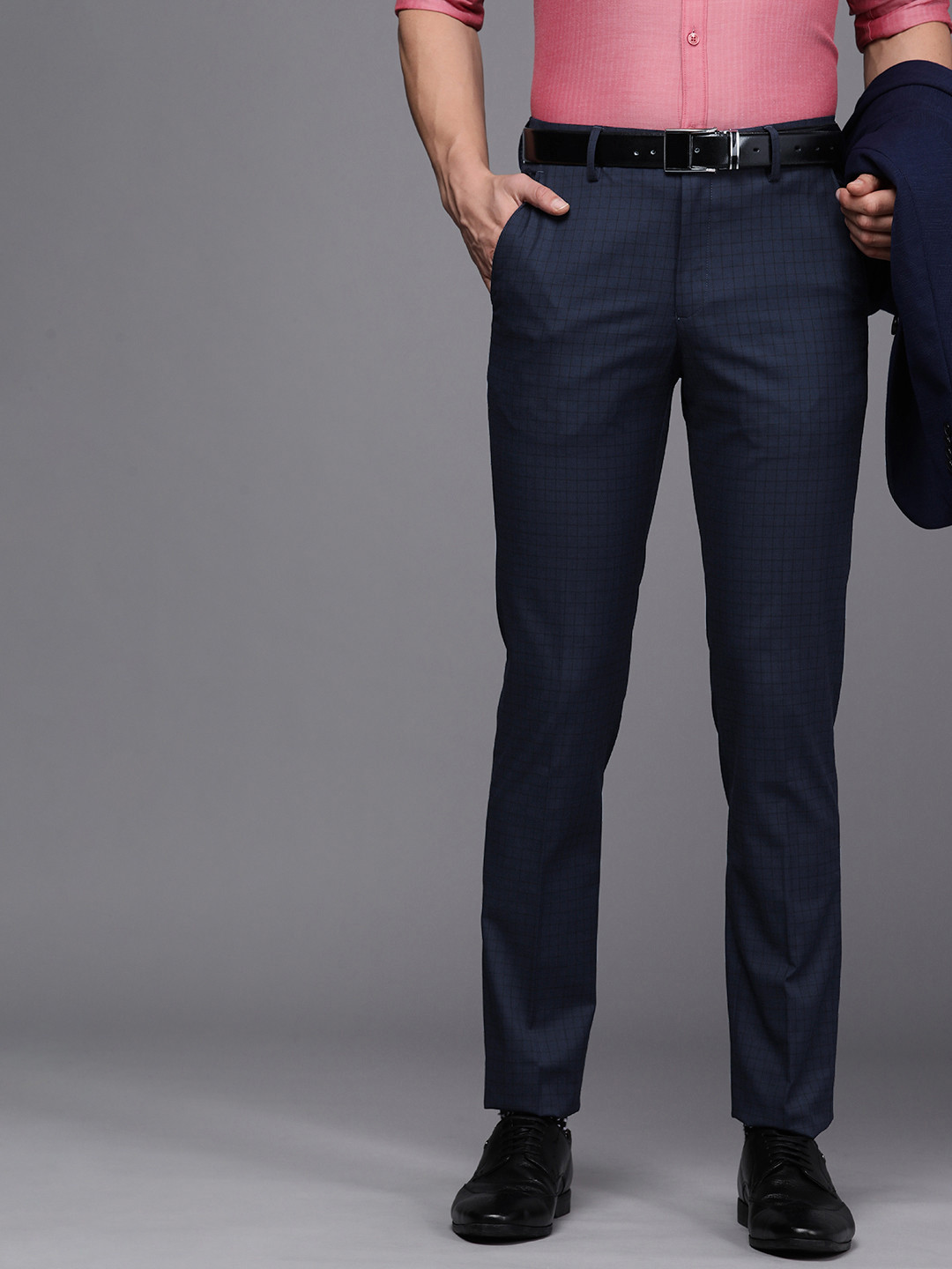 Buy Louis Philippe Men Navy Blue Checked Slim Fit Formal Trousers ...