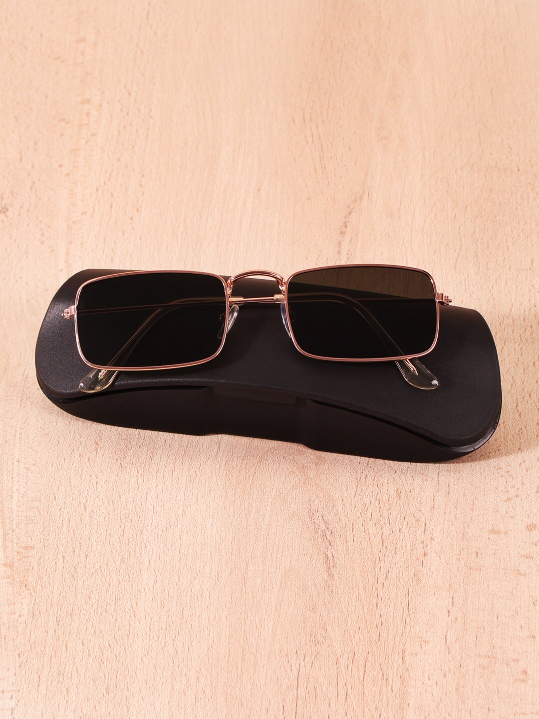 Buy Fuzoku Unisex Black Lens Gold Toned Rectangle Sunglasses With Uv Protected Lens