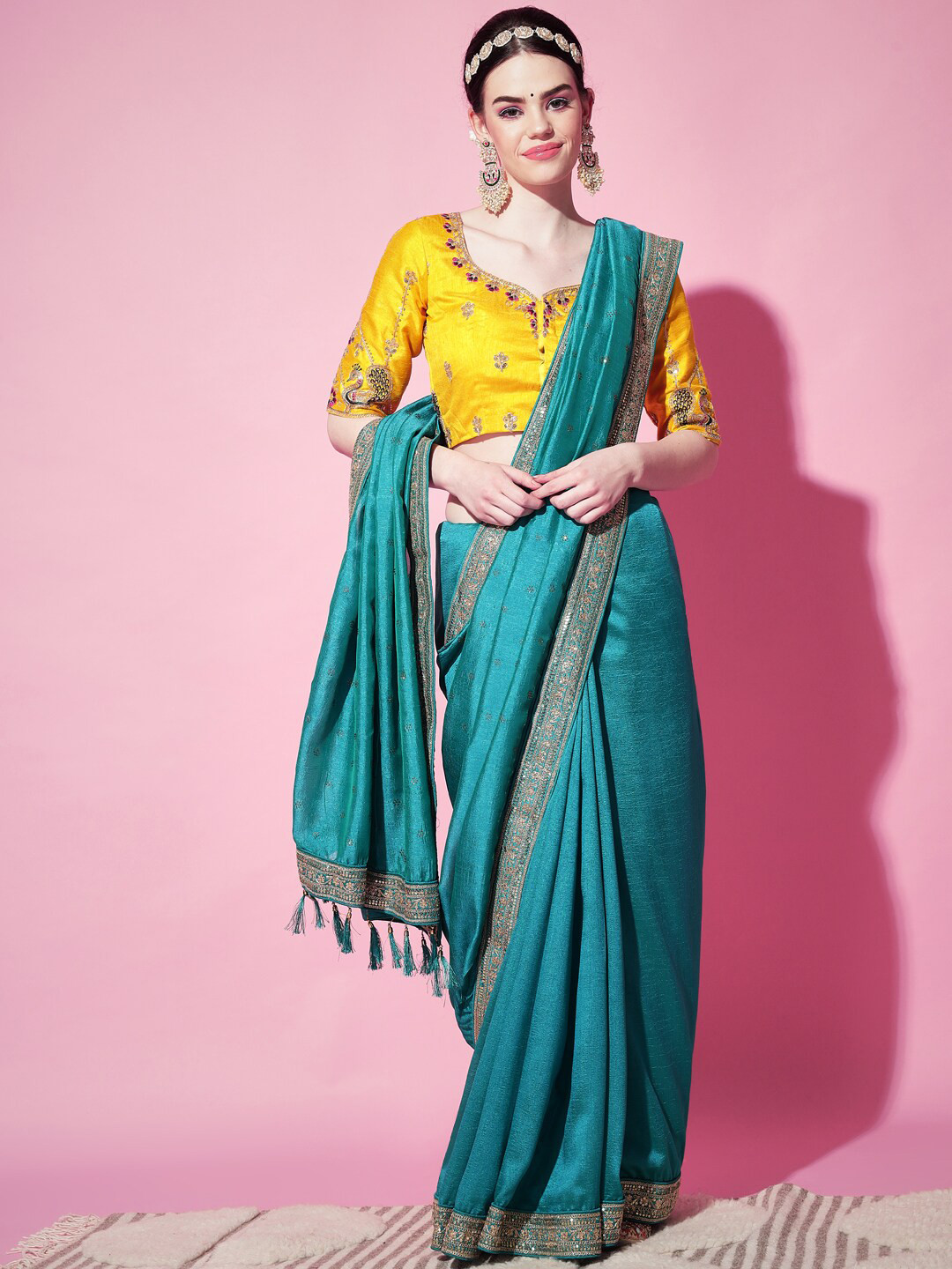Buy SHUBHVASTRA Blue & Yellow Embellished Embroidered Art Silk Saree