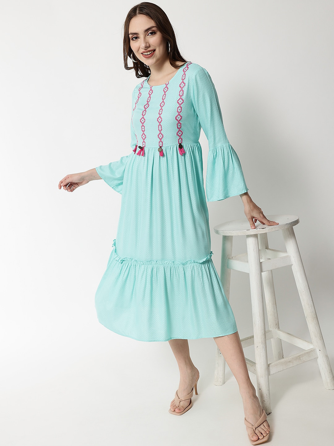 Buy HERE&NOW Women Plus Size Turquoise Blue Embroidered Flared Viscose