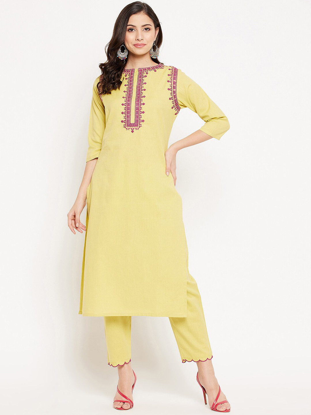 Women Red & Yellow Floral Print Tasselled Fusion Kurta with Trousers main image 1