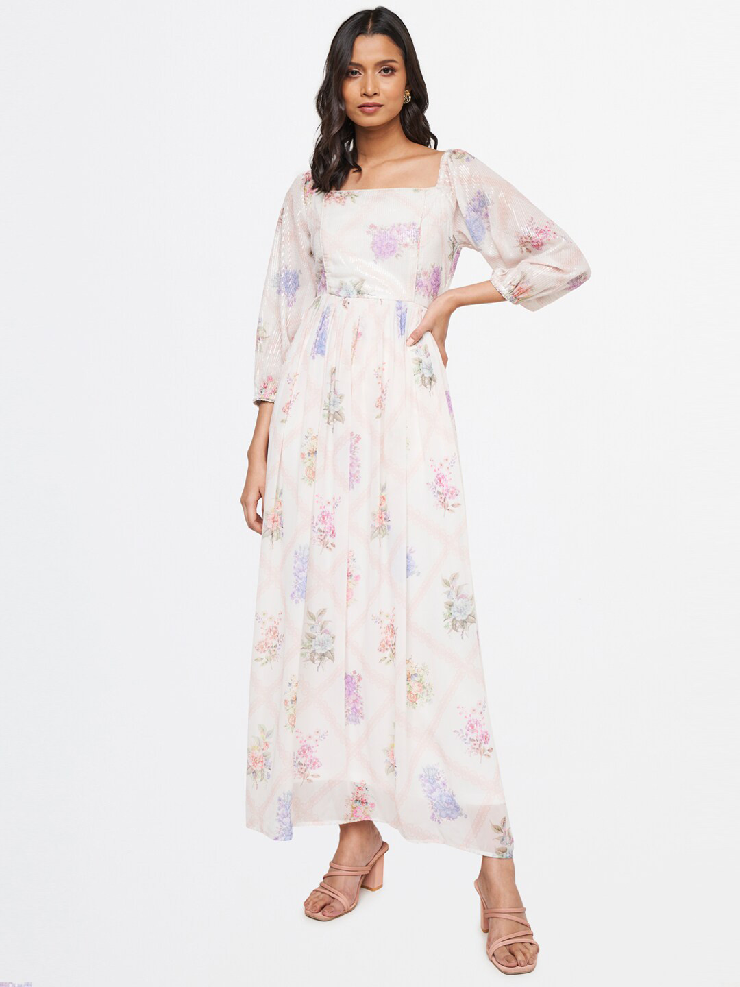 Off-White Multi Colored Floral Printed Maxi Dress With Mandarin Collar & 3/4 Sleeves