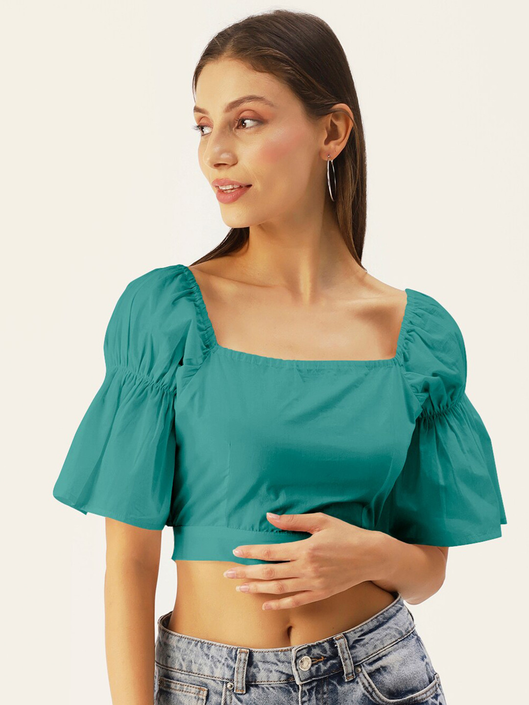 Women Teal Shibori Wrap Crop Top main image 0