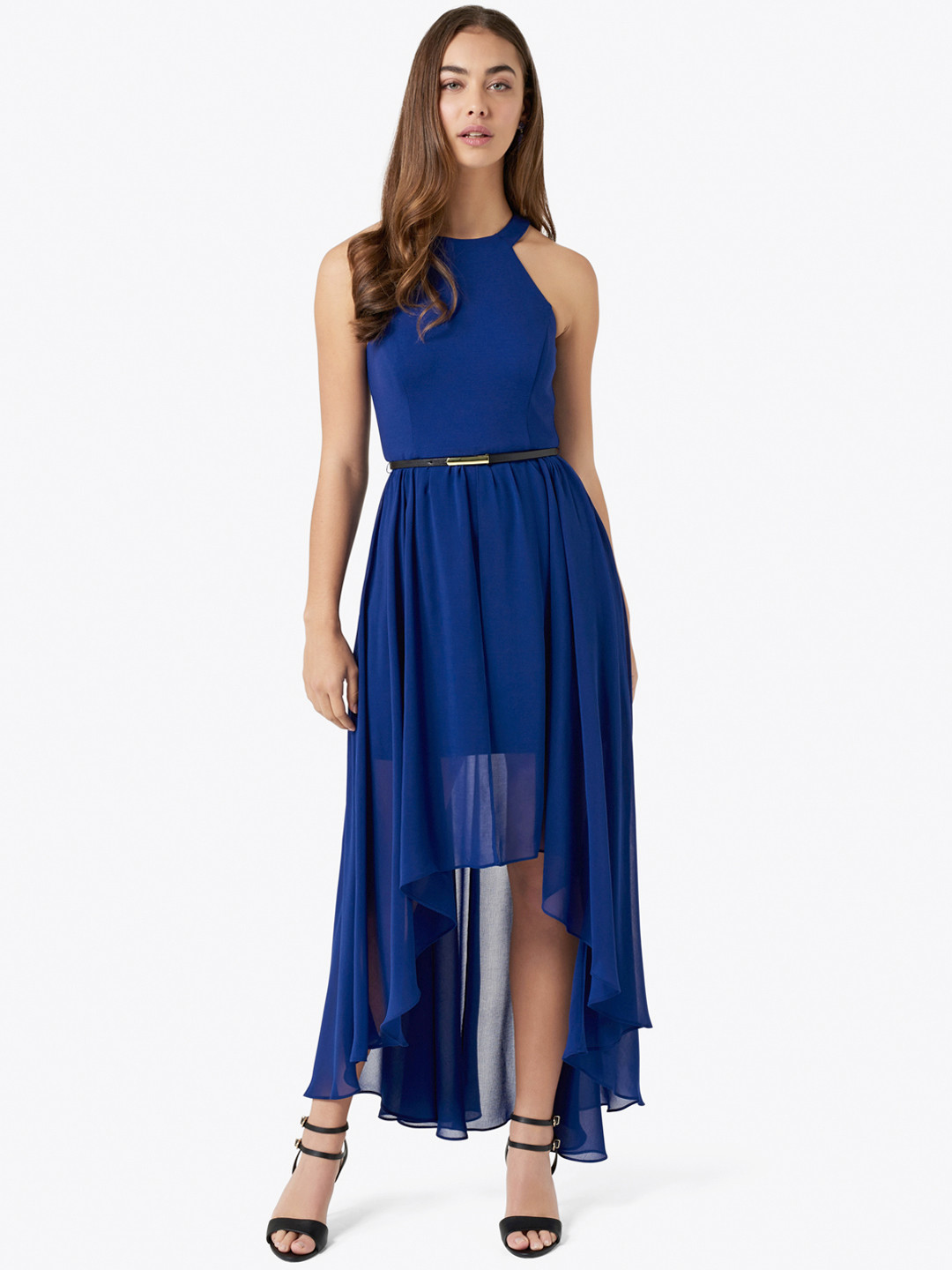 Blue Net Solid Maxi Dress