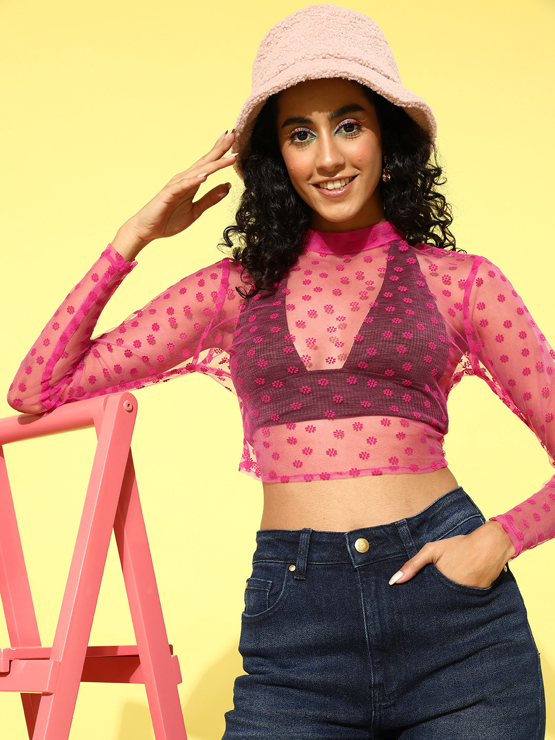 Buy DressBerry Glam Perky Pink Floral Design Sheer Net Crop Top - Tops ...