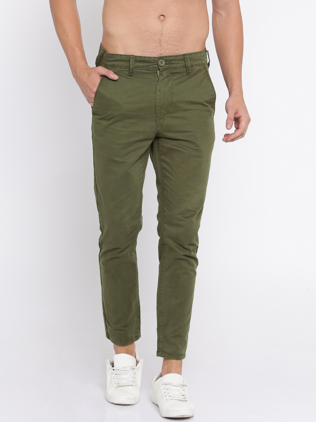 Buy HERE&NOW Men Olive Green Slim Fit Solid Cropped Chino Trousers ...