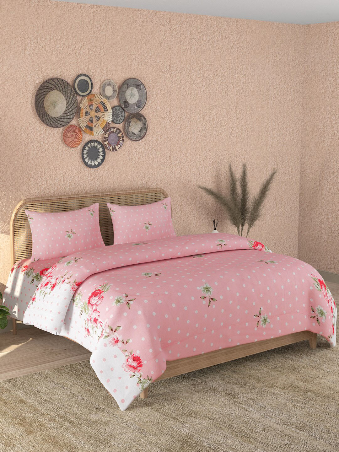 Buy Sangria Set Of 4 Pink Printed Double Queen Bedding Set Bedding