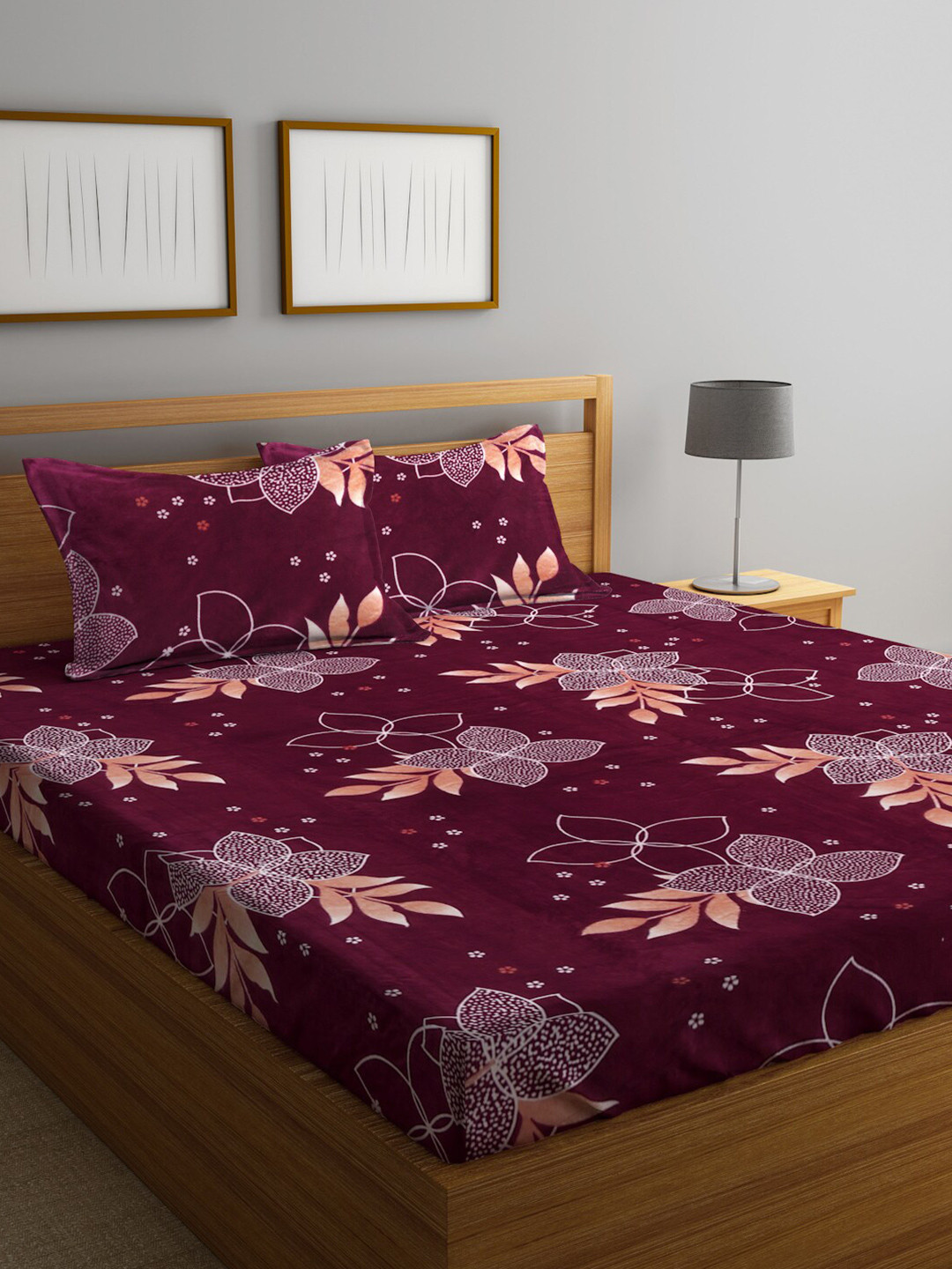 Buy Maroon Floral Woolen Double Bed Sheet With 2 Pillow Covers