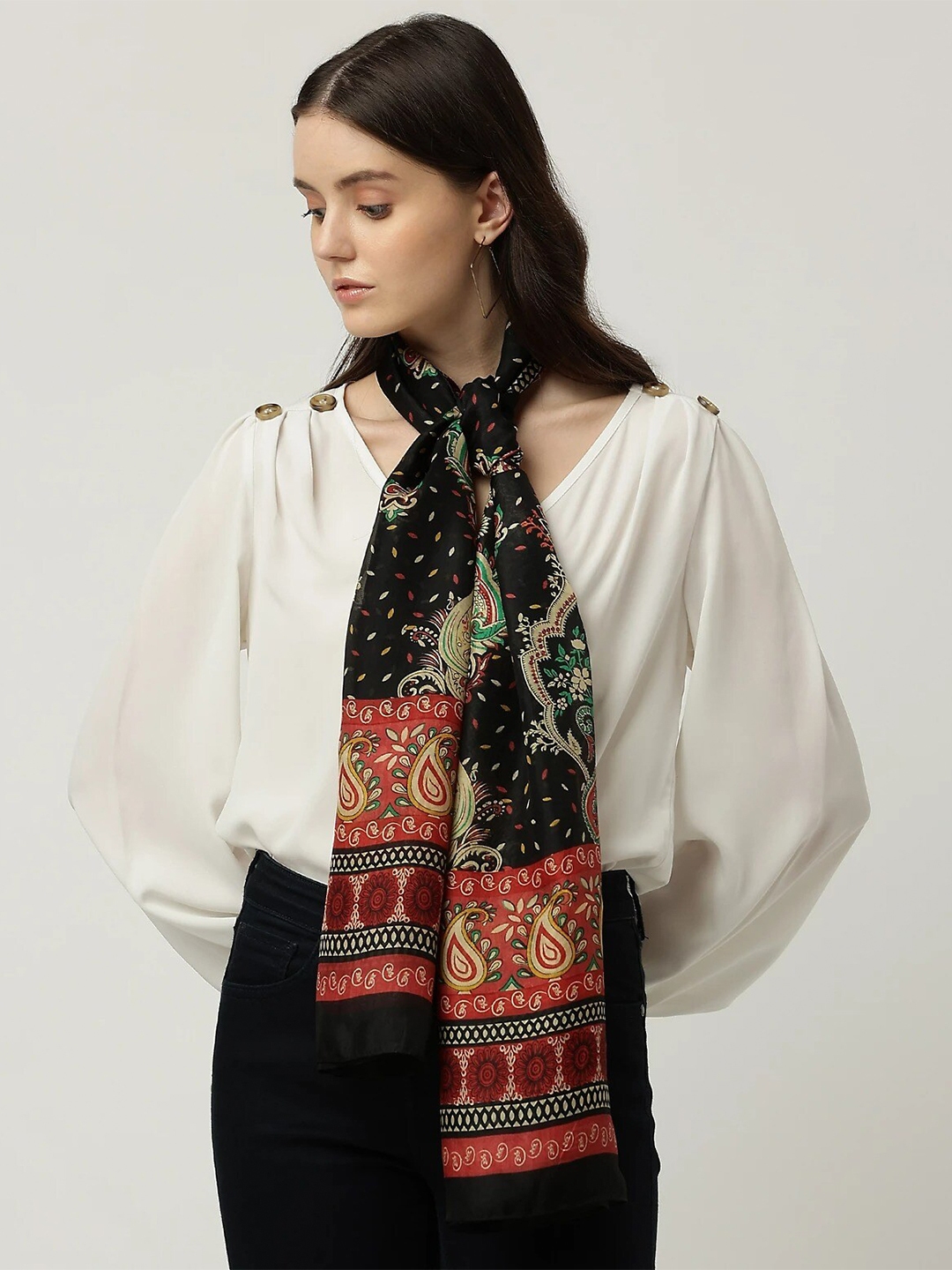 Buy Marks & Spencer Women Black & Red Printed Pure Silk Scarf Scarves