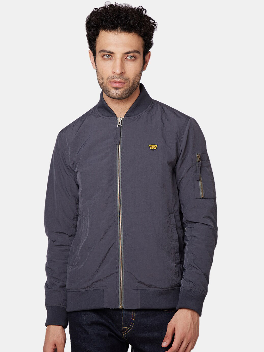 Buy Royal Enfield Men Grey Solid Bomber Jacket Jackets for Men
