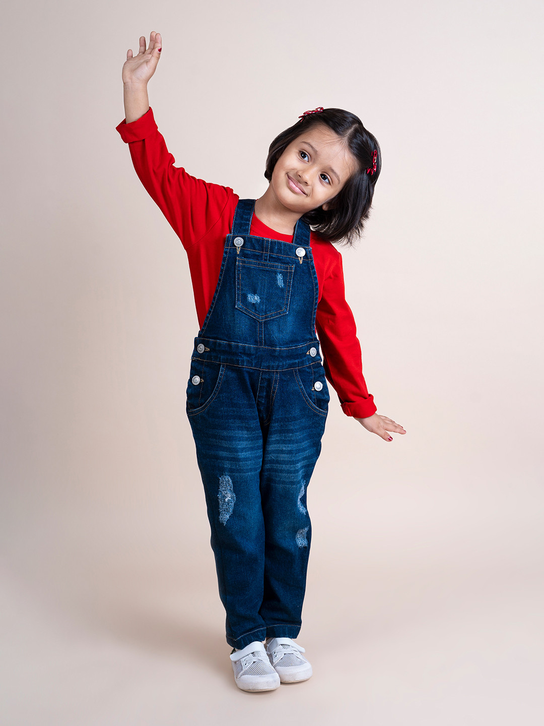 Buy Little Carrot Girls Blue & Red Cotton Denim Dungarees With Solid T