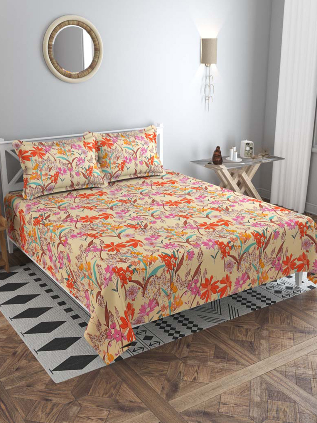 Buy Slushy Mushy Cream Coloured & Orange Floral 300 TC King Bedsheet