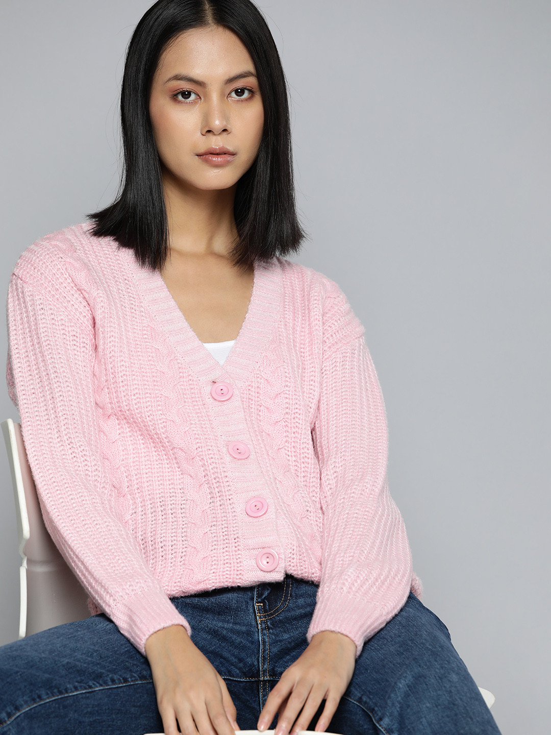 Buy Ether Women Pink Cable Knit Cardigan With Fuzzy Detail Sweaters