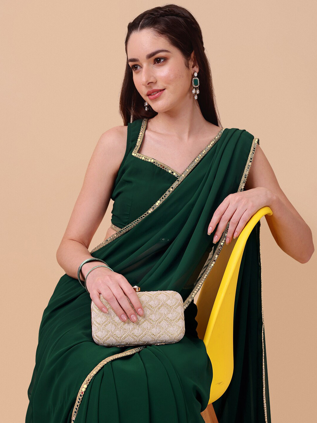 Buy Inddus Green & Gold Toned Mirror Work Saree Sarees for Women