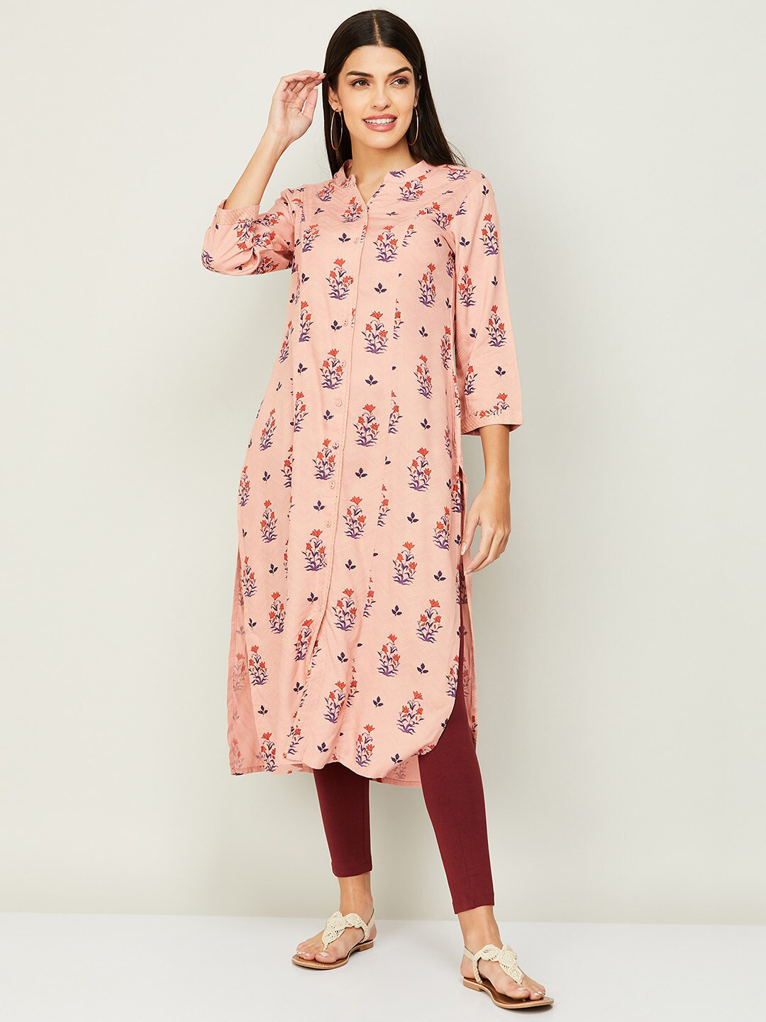 Peach Floral Printed A Line kurta