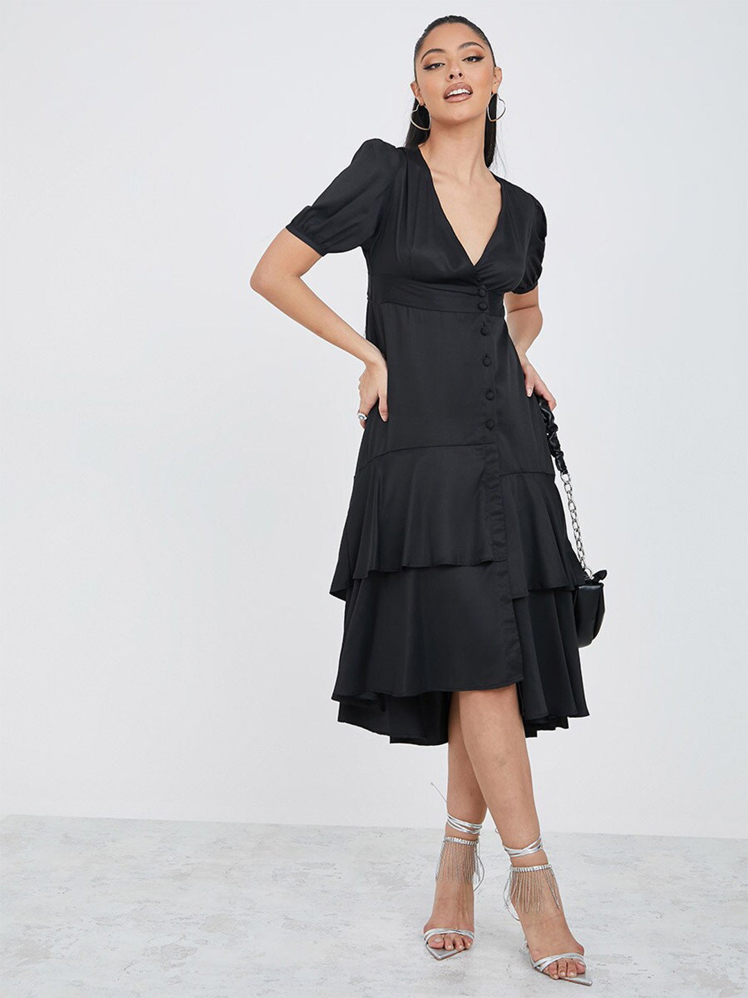 Buy Styli Women Black Cuffed Sleeves Asymmetric Hem Wrap Midi Dress