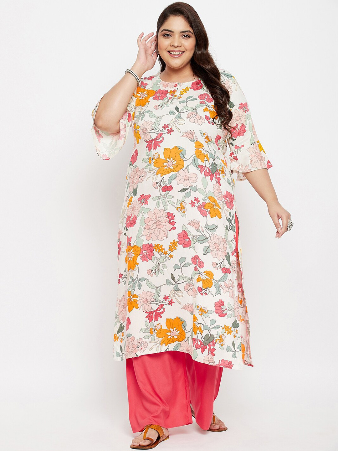 Tissu Women's Rayon Floral Printed Angrakha Kurta - Multicolored Ankle-Length Ethnic Dress - View #4