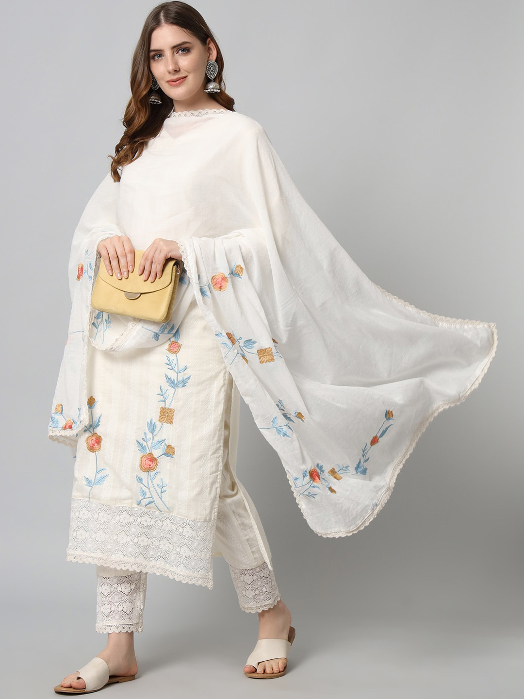 Buy Silai Bunai Women Off White Floral Embroidered Thread Work Kurta